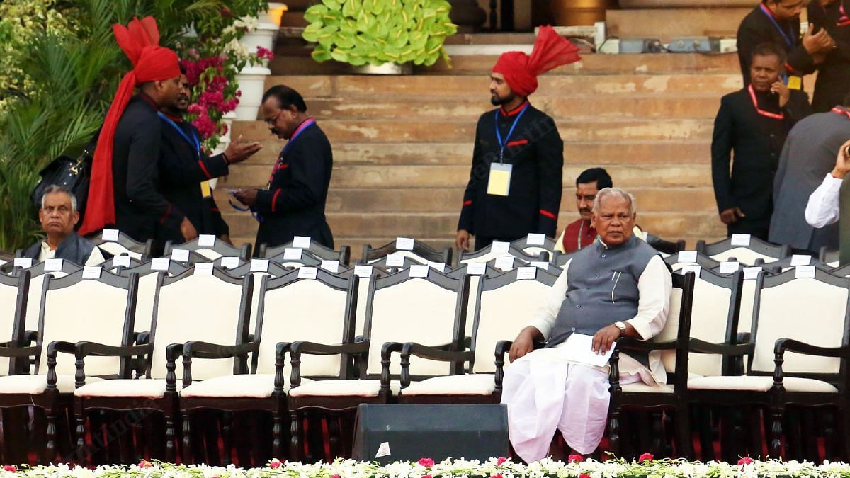Arriving more than one-and-a-half hours early, Union Minister Jitan Ram Manjhi waits for the oath ceremony to begin. | Praveen Jain
