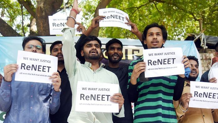 NEET aspirants protest against the alleged irregularities in the NEET-UG examination at Jantar Mantar, in New Delhi on 12 June | ANI/Ritik Jain