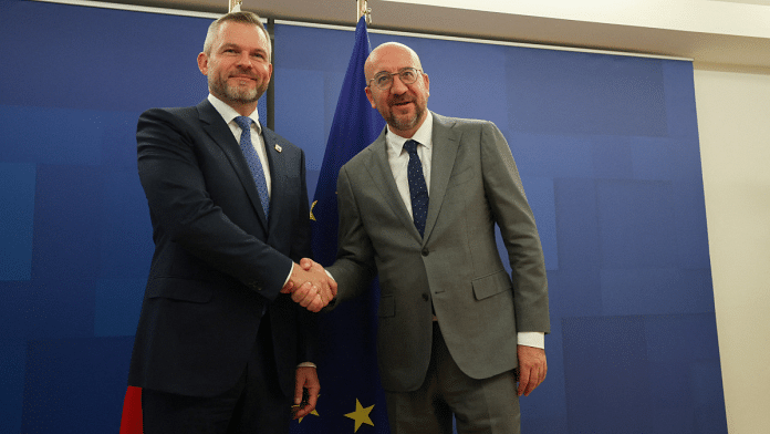 European Council President Charles Michel and Slovakia's President Peter Pellegrini attend the European Council meeting in Brussels, Belgium, 27 June 2024. OLIVIER HOSLET | Reuters