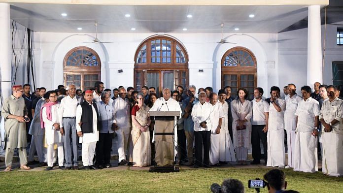 Congress National President Mallikarjun Kharge dresses the media with the INDIA alliance leaders | Representational Image | ANI