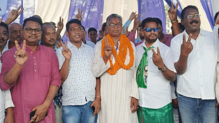 Congress candidate Kalicharan Munda with his supporters after he defeated BJP heavyweight Arjun Munda in Khunti | By Special Arrangement