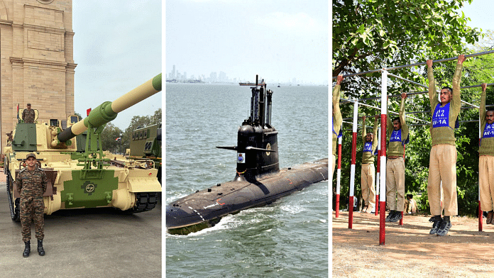 From left: a K-9 Vajra Howitzer of the Army; Vagsheer, the Navy's 6th Kalvari-class submarine; and recruits from the first Agniveer batch in training | ANI file photos