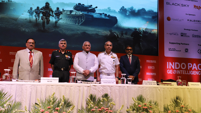 Lt. Gen. Rakesh Kapoor, former Army chief V.K.Singh and Vice-Admiral Tarun Sobti at Indo-Pacific Geo Intelligence Forum meet in New Delhi | By Special Arrangement