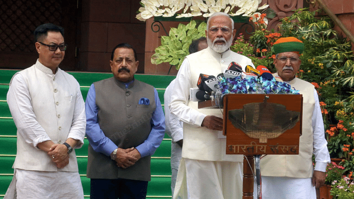 PM Narendra Modi addresses the media outside Parliament House complex in New Delhi on Monday | Praveen Jain | ThePrint