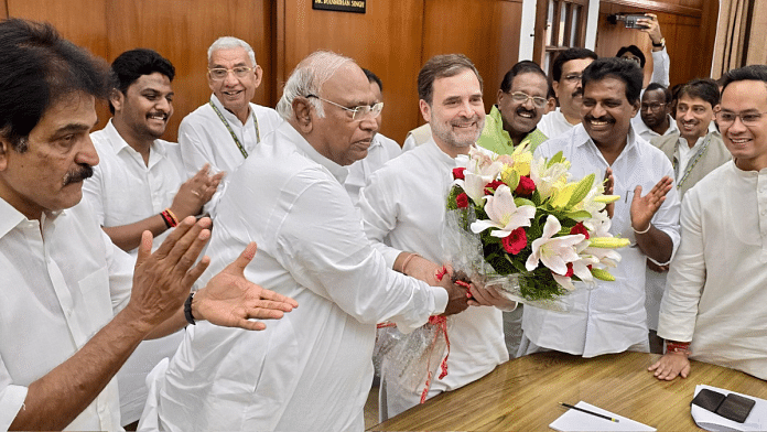 Congress chief Mallikarjun Kharge and opposition MPs greet Rahul Gandhi in Parliament after he was elected as LoP | X/@INCIndia
