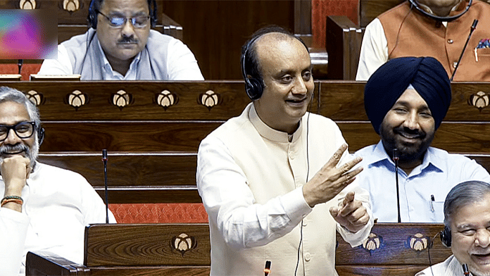 BJP MP Sudhanshu Trivedi speaks in the Rajya Sabha during the ongoing session at the Parliament in New Delhi on Friday | ANI/Sansad TV