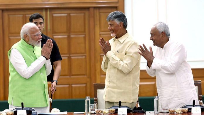 Prime Minister Narendra Modi with Telugu Desam Party (TDP) Chief N Chandrababu Naidu and Bihar Chief Minister Nitish Kumar during the NDA meeting the day after the elections results were announced | Photo: ANI