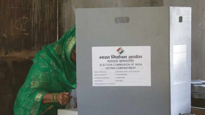 Representational image of a woman casting her vote in Mathura during the 2nd phase of Lok Sabha elections | Credit: ThePrint/Suraj Singh Bisht