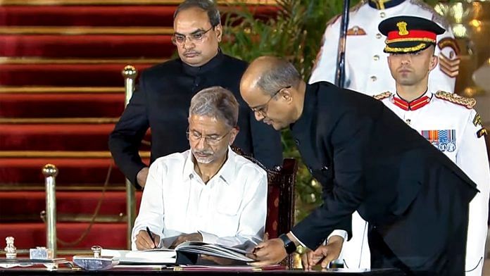 BJP MP S Jaishankar signs after taking oath as Union cabinet minister in the Prime Minister Narendra Modi-led NDA government, in New Delhi Sunday | ANI