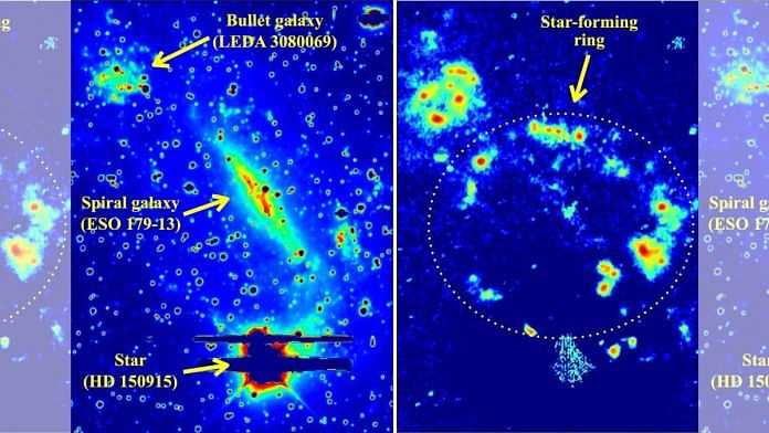 (Left) Optical image of gamma-ray emitting collisional ring galaxy system, Kathryn′s Wheel | (Right) Glowing hydrogen gas characteristic of star-forming regions is seen in the H-alpha band image, highlighting the ring of star formation | Inter-University Centre for Astronomy and Astrophysics