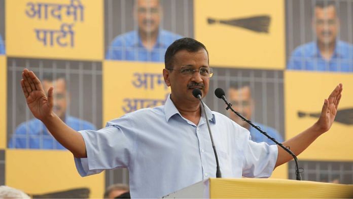 Delhi CM Arvind Kejriwal speaking at the AAP headquarters Sunday before surrendering at Tihar jail | Suraj Singh Bisht | ThePrint