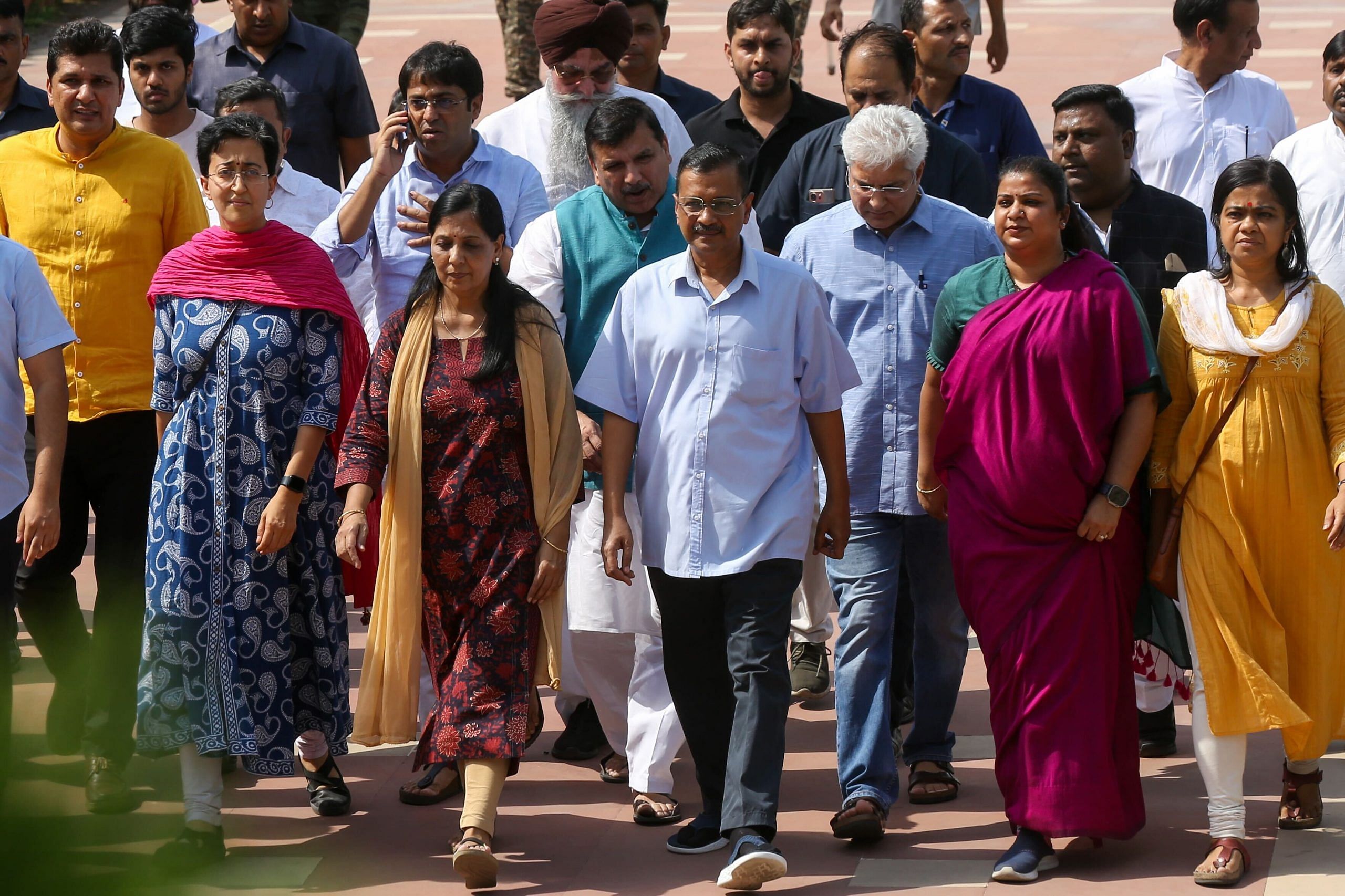 Kejriwal with his wife Sunita and other AAP leaders at Rajghat Sunday | Suraj Singh Bisht | ThePrint