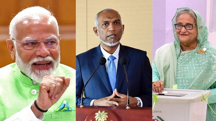 Prime Minister Narendra Modi, Maldives President Mohamed Muizzu and Bangladesh Prime Minister Sheikh Hasina | File Photos: ANI