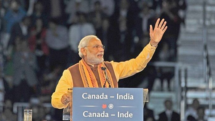 Prime Minister Narendra Modi addressing the huge gathering at the Indian Diaspora Event, at Ricoh Coliseum, in Toronto, Canada on April 15, 2015.