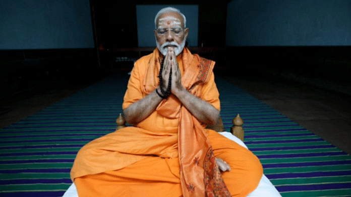 Prime Minister Narendra Modi meditates at the Vivekananda Rock Memorial, in Kanniyakumari, on 31 May 2024 | PTI