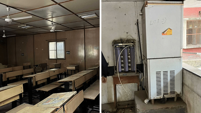 Images from the Delhi University - A classroom without an AC (L) and an out of operation water cooler | Image by special arrangement