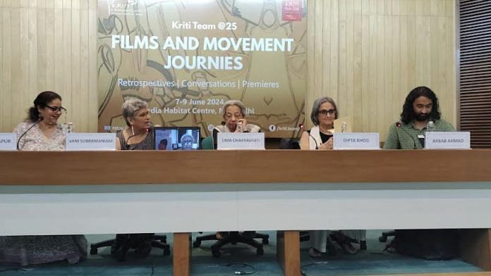 (L-R) Aanchal Kapur, Vani Subramanian, Aruna Roy (on screen), Uma Chakravarti, Dipta Bhog and Arbab Ahmed at 'Films and Movement Journies'.