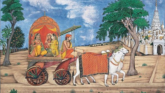 An 19th century painting in which Punjabi women travel in a cart.