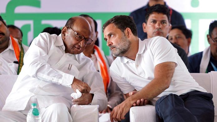 Congress leader Rahul Gandhi in conversation with NCP president Sharad Pawar | ANI file photo