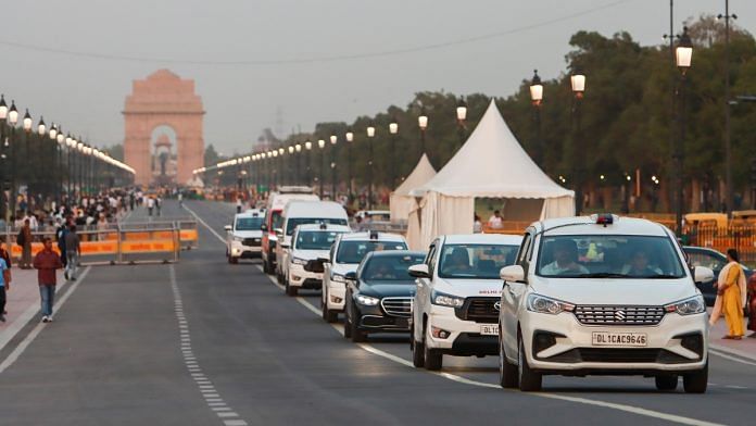 A carcade on the Kartavya Path during a rehearsal on the eve of the swearing-in ceremony of the NDA government, in New Delhi, Saturday, 8 June, 2024 | PTI