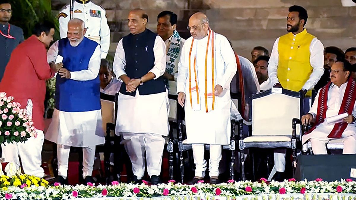 Newly sworn-in Prime Minister Narendra Modi with his Cabinet Ministers Rajnath Singh, Amit Shah, Nitin Gadkari and JP Nadda during the oath-taking ceremony, at Rashtrapati Bhavan, in New Delhi on Sunday | Photo: ANI