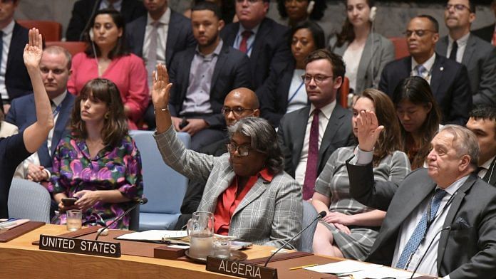 U.S. Ambassador to the United Nations Linda Thomas-Greenfield votes during a U.N. Security Council vote on a U.S.-drafted resolution backing a proposal outlined by U.S.President Joe Biden for a ceasefire between Israel and Palestinian militants Hamas in the Gaza Strip, at U.N. headquarters in New York City, U.S., June 10, 2024 | Reuters