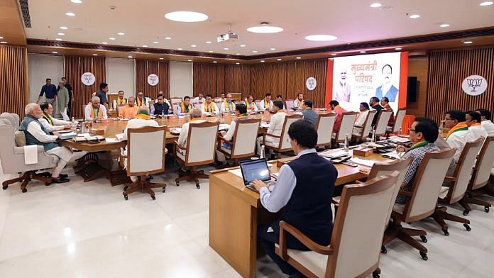 Prime Minister Narendra Modi chairs the Council of Chief Ministers meeting, at BJP Headquarters in New Delhi on Saturday. | ANI