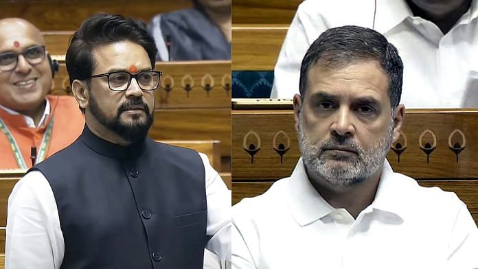 BJP MP Anurag Thakur and Leader of Opposition Rahul Gandhi attend the proceedings of the Lok Sabha during the Monsoon Session of Parliament, in New Delhi on Tuesday | PTI/ANI