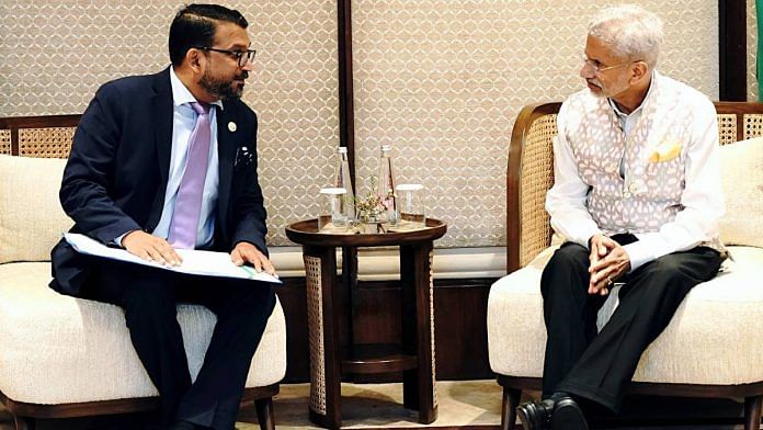 External Affairs Minister S. Jaishankar (right) with Sri Lanka State Minister of Foreign Affairs Tharaka Balasuriya on the sidelines of BIMSTEC Foreign Ministers’ Retreat in New Delhi Thursday | Photo: ANI