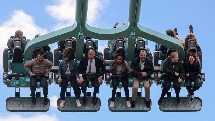 Leader of the Liberal Democrats Ed Davey rides a rollercoaster in Surrey after the launch of his party's manifesto | Source: X/@EdwardJDavey