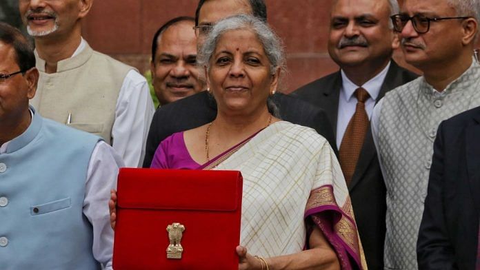 Finance Minister Nirmala Sitharaman outside the Parliament on Budget day | Praveen Jain | ThePrint