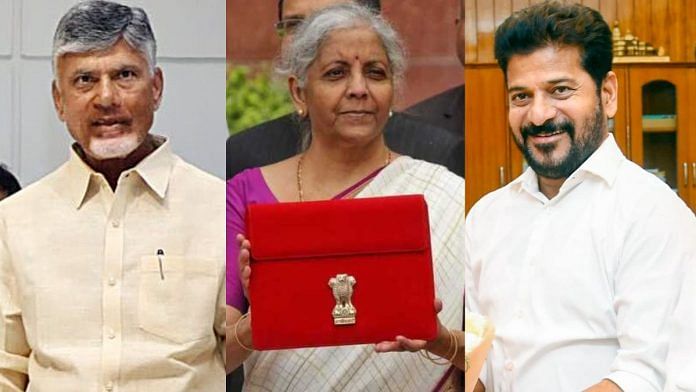 Andhra Pradesh CM Chandrababu Naidu, Union Finance Minister Nirmala Sitharaman and Telangana CM Revanth Reddy | ANI file photos