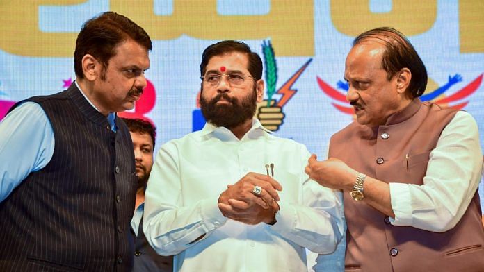 File photo of Maharashtra CM Eknath Shinde (Centre) with Dy CMs Devendra Fadnavis (L) and Ajit Pawar (R) | ANI