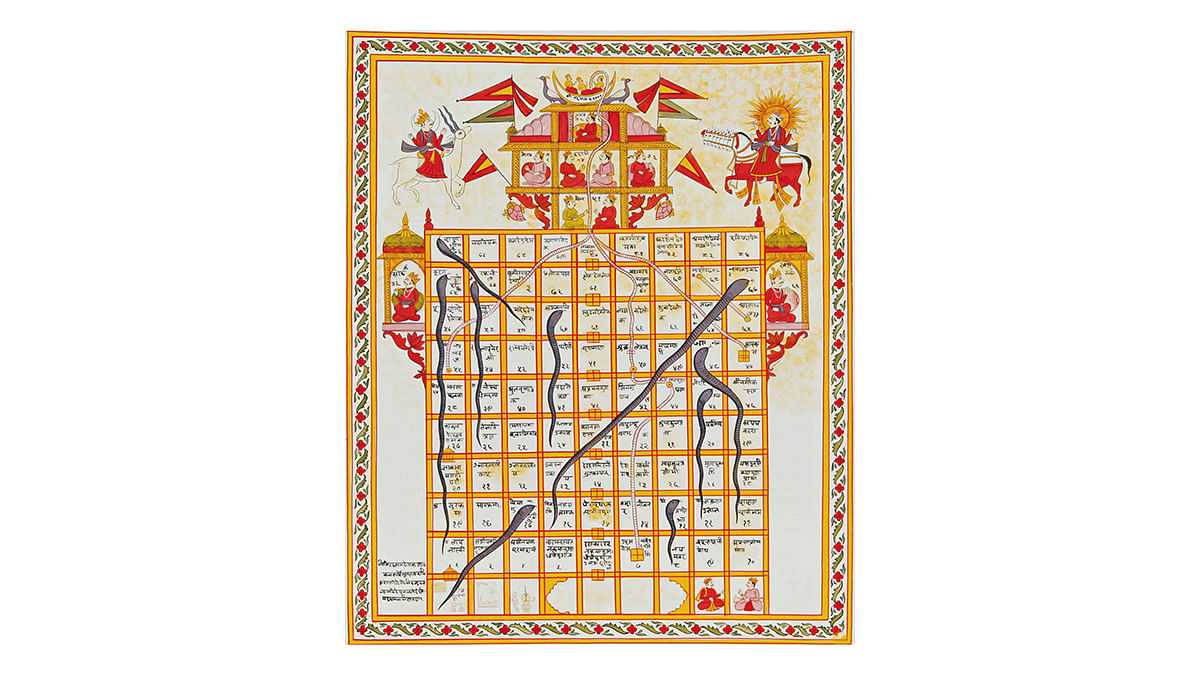 Jain version of the game Snakes and Ladders called Jnana Bazi or Gyan Bazi, Jain Miniature, c. 19th century, Gouache on cloth. Image courtesy of Wikimedia Commons