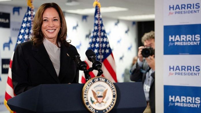 U.S. Vice President Kamala Harris speaks at her Presidential Campaign headquarters in Wilmington, DE, U.S., July 22, 2024. Erin Schaff/Pool via REUTERS