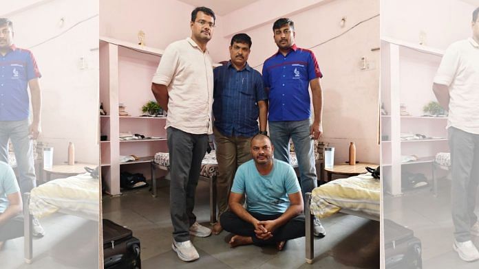 Police officers after arresting the accused Om Prakash Dhaka (bottom) in Hyderabad. One officer can be seen wearing the uniform of a gas cylinder delivery executive | By special arrangement