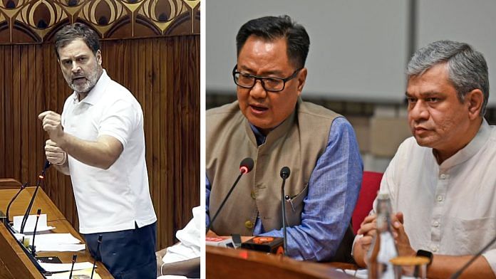 Leader of Opposition in Lok Sabha Rahul Gandhi speaks in the House during the ongoing Parliament session; (R) Union Ministers Kiren Rijiju and Ashwini Vaishnaw address a press conference at Parliamentary Library | ANI/Sansad TV