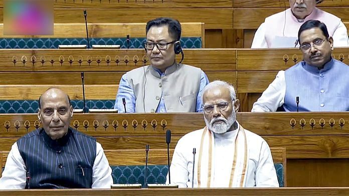 Prime Minister Narendra Modi, Union Ministers Rajnath Singh, Kiren Rijiju and Pralhad Joshi in the Lok Sabha during the ongoing Parliament session, Monday | ANI/Sansad TV
