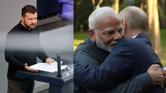 (Left) File photo of Ukrainian president Zelenskyy | (Right) PM Modi with Putin in Russia | Reuters