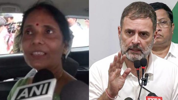 Late Captain Anshuman Singh's mother, Manju Singh, after meeting Rahul Gandhi (left) | File photo of the Congress MP (right) | ANI