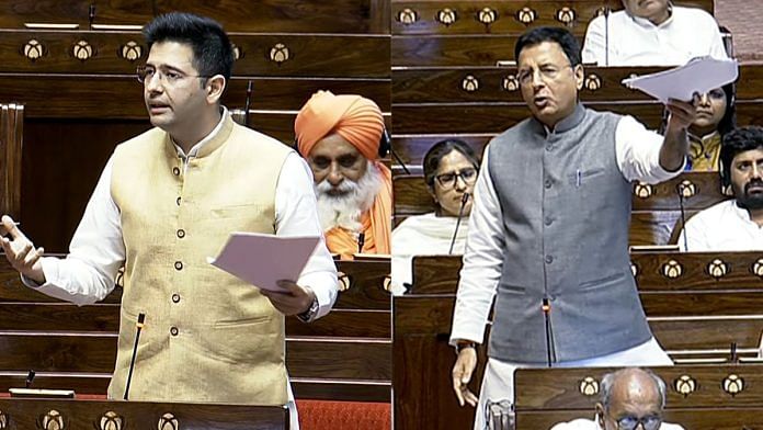 AAP MP Raghav Chadha (L) & Congress MP Randeep Surjewala (R) speaking in the Rajya Sabha Thursday | ANI
