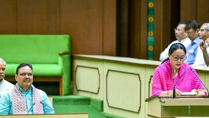 Rajasthan Dy CM and Finance Minister Diya Kumari presenting State Budget, as CM Bhajanlal Sharma looks on, Wednesday | ANI