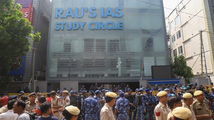 Police deployed outside UPSC coaching centre in Old Rajinder Nagar, Sunday | Suraj Singh Bisht | ThePrint