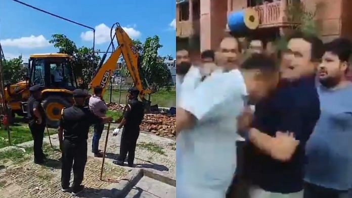 Stills from video of demolition drive in Varanasi (L) ADM 'headbutting' hotel owner (R)