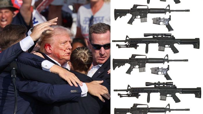 Republican candidate and former US President Donald Trump after being shot in the ear in an assasination attempt (left) and AR-15 rifle | Reuters/Commons