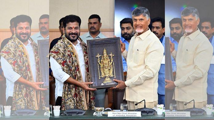 Telangana Chief Minister Revanth Reddy felicitates Andhra Pradesh Chief Minister N Chandrababu Naidu during the meeting on Saturday | ANI