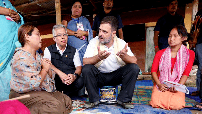 Leader of Opposition in Lok Sabha and Congress leader Rahul Gandhi meets with the victims of Manipur violence, at a relief camp in Moirang | ANI