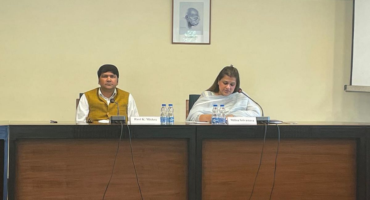 Historian and academic researcher Milisa Srivastava delivers a talk on Heritage Nationalism at the Prime Minister Museum & Library. On her right sits Ravi K. Mishra, Joint Director, PMML | Triya Gulati, ThePrint