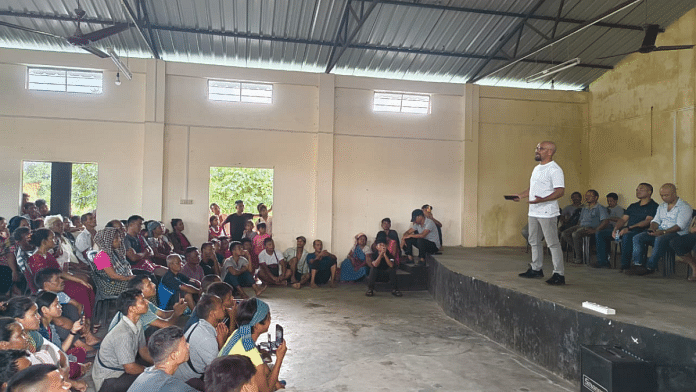 Voice of the People Party (VPP) founder Ardent Miller Basaiawmoit speaks to people at a community hall | Sourav Roy Barman | ThePrint