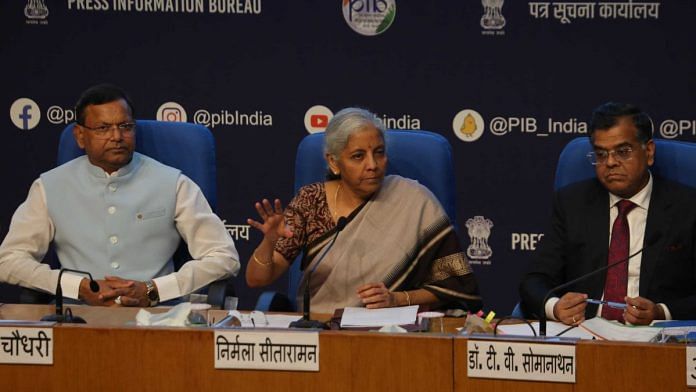 Finance Minister Nirmala Sitharaman at a press conference about the Union Budget 2024 | Photo: Praveen Jain, ThePrint
